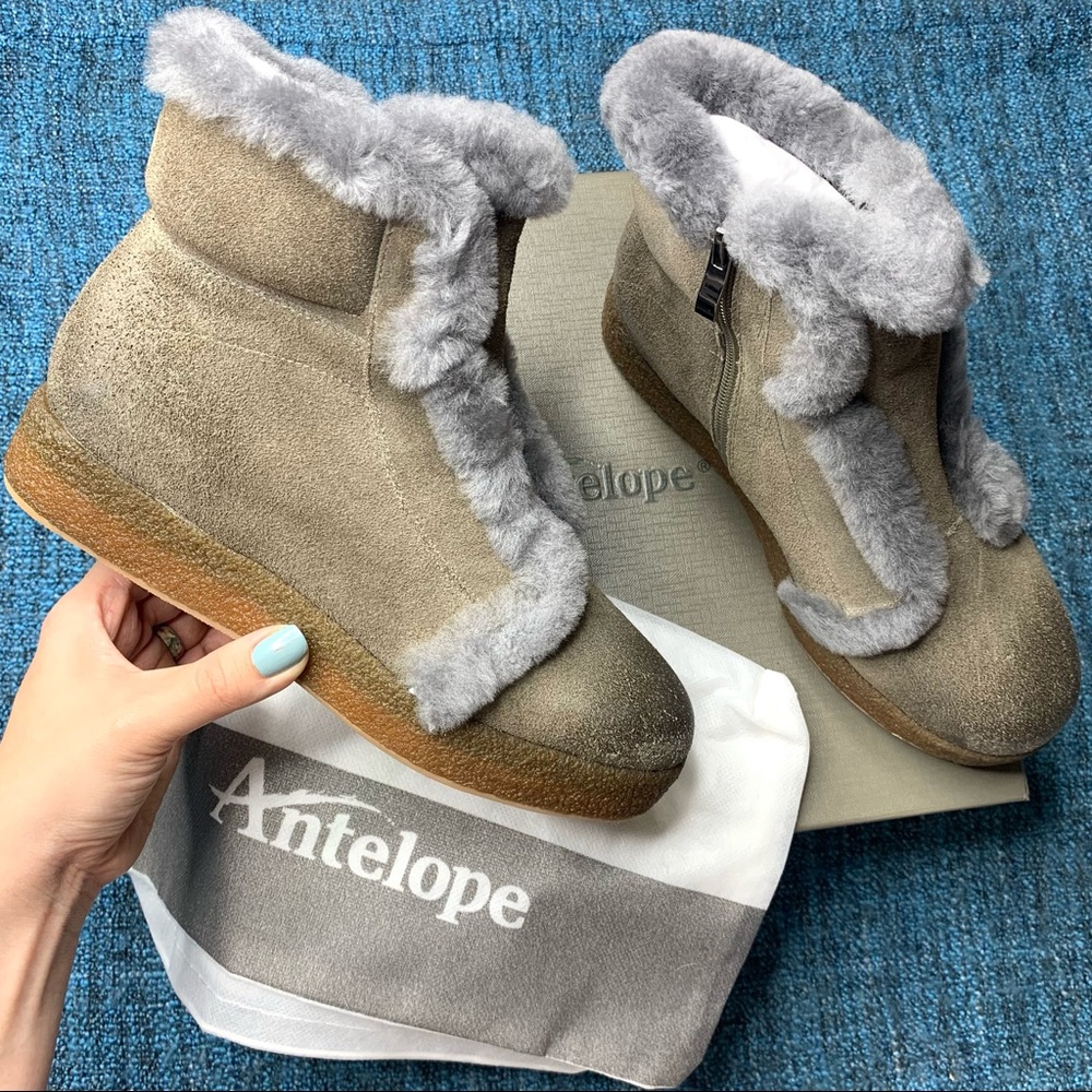 Antelope Grey Brown Fur Trimmed Leather Winter Booties Euro 37 or US Women 6-6.5